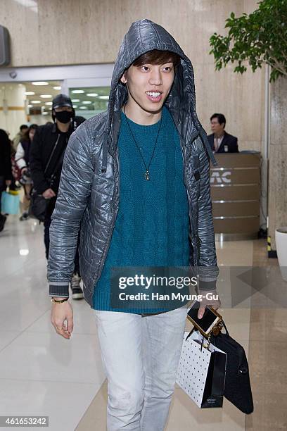 Dong Woo of South Korean boy band Infinite is seen upon arrival at Gimpo International Airport on January 16, 2015 in Seoul, South Korea.