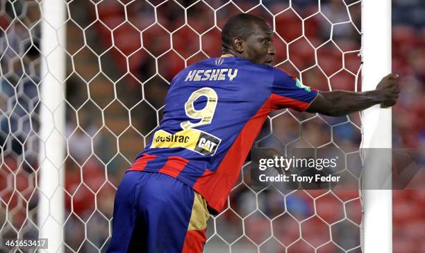 Emile Heskey of the Jets during the round 14 A-League match between the Newcastle Jets and Melbourne Victory at Hunter Stadium on January 10, 2014 in...