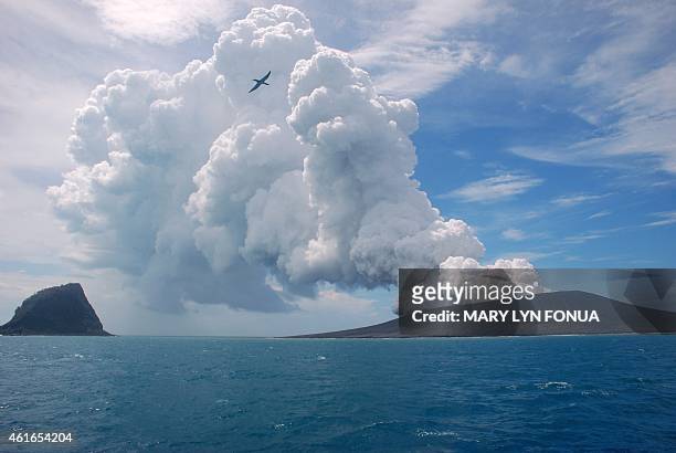 This view taken on January 17, 2015 from a boat at sea shows a frigate bird flying on the thermals from the new vent as steam and gas rise from the...