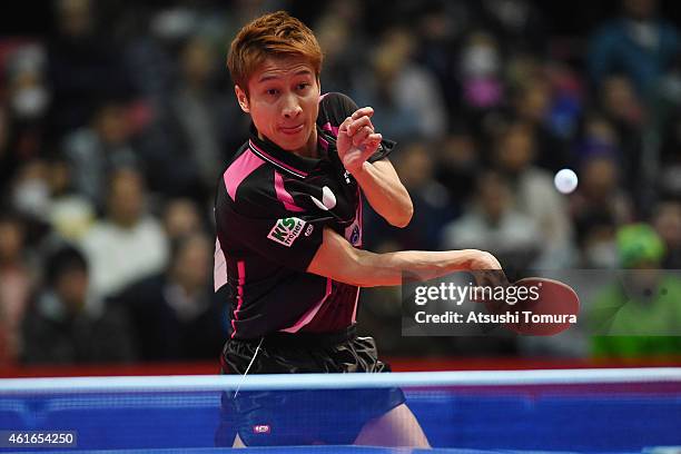 Kaii Yoshida of Japan competes in the Men's Singles during day six of All Japan Table Tennis Championships 2015 at Tokyo Metropolitan Gymnasium on...