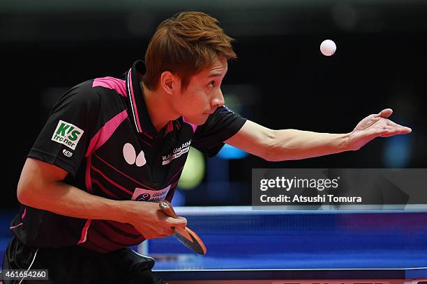 Kaii Yoshida of Japan serves in the Men's Singles during day six of All Japan Table Tennis Championships 2015 at Tokyo Metropolitan Gymnasium on...