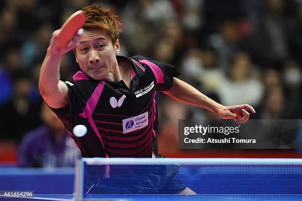 Kaii Yoshida of Japan competes in the Men's Singles during day six of All Japan Table Tennis Championships 2015 at Tokyo Metropolitan Gymnasium on...