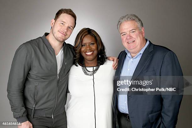 Actors Chris Pratt, Retta, and Jim O'Heir of "Parks and Recreation" pose for a portrait during the NBCUniversal TCA Press Tour at The Langham...