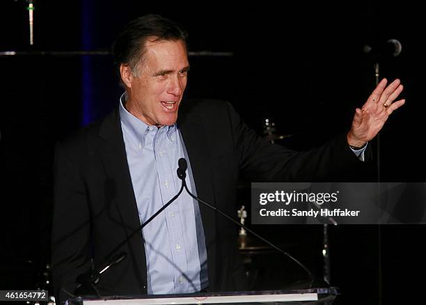 Mitt Romney speaks to fellow Republicans at a dinner during the Republican National Committee's Annual Winter Meeting aboard the USS Midway on...