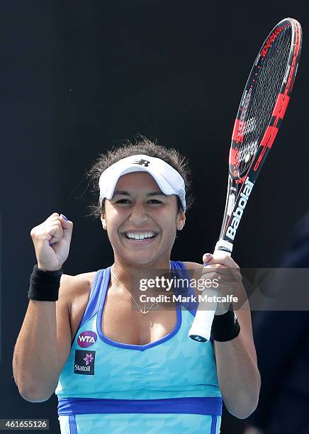 Heather Watson of Great Britain celebrates winning match point in her singles final match against Madison Brengle of the USA during day seven of the...