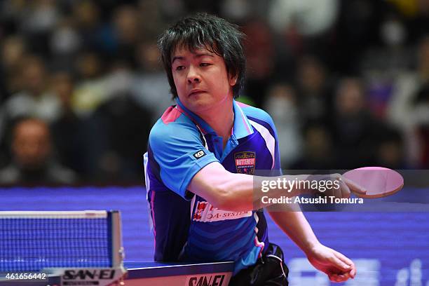 Seiya Kishikawa of Japan competes in the Men's Singles during day six of All Japan Table Tennis Championships 2015 at Tokyo Metropolitan Gymnasium on...