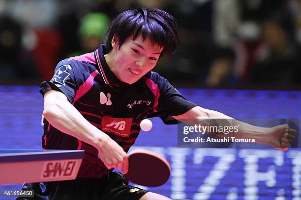 Kenta Matsudaira of Japan competes in the Men's Singles during day six of All Japan Table Tennis Championships 2015 at Tokyo Metropolitan Gymnasium...