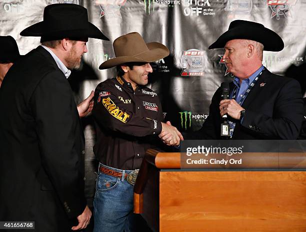 Professional Bull Riders COO, Sean Gleason, PBR World Champion Silvano Alves and Professional Bull Riders CEO, Jim Haworth attend The Professional...