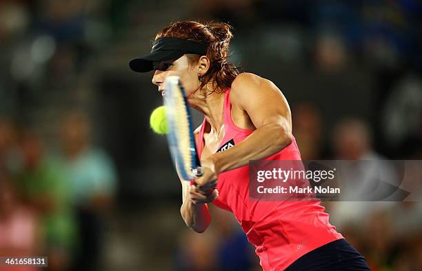 Tsvetana Pironkova of Bulgaria plays a backhand in the Womens Singles Final match against Angelique Kerber of Germany during day six of the Sydney...