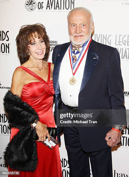 Judy Rice and Buzz Aldrin arrive at the 12th Annual "Living Legends of Aviation" Awards held at The Beverly Hilton Hotel on January 16, 2015 in...