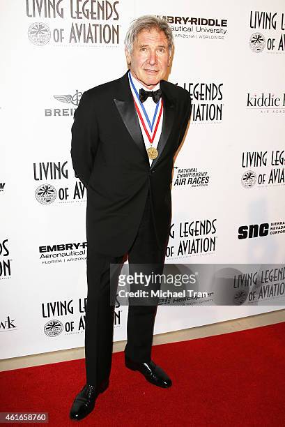 Harrison Ford arrives at the 12th Annual "Living Legends of Aviation" Awards held at The Beverly Hilton Hotel on January 16, 2015 in Beverly Hills,...
