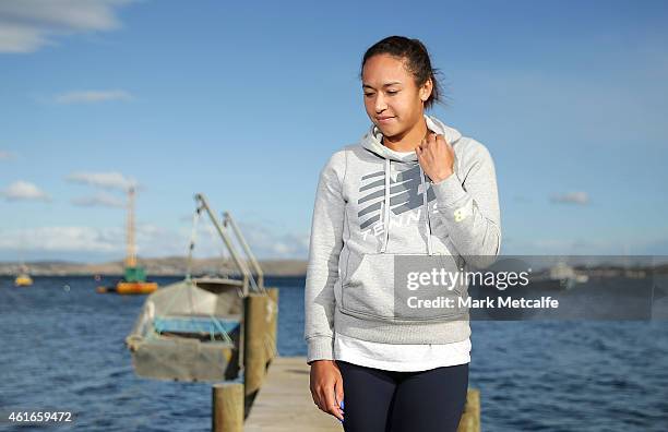 Heather Watson of Great Britain poses at Battery Point during day seven of the Hobart International at Domain Tennis Centre on January 17, 2015 in...