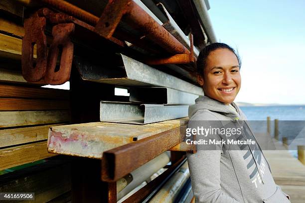 Heather Watson of Great Britain poses at Battery Point during day seven of the Hobart International at Domain Tennis Centre on January 17, 2015 in...