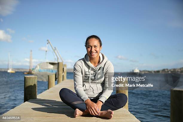Heather Watson of Great Britain poses at Battery Point during day seven of the Hobart International at Domain Tennis Centre on January 17, 2015 in...
