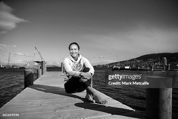 Heather Watson of Great Britain poses at Battery Point during day seven of the Hobart International at Domain Tennis Centre on January 17, 2015 in...