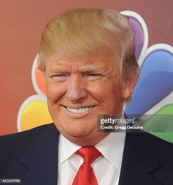 Donald Trump arrives at day 2 of the NBCUniversal 2015 Press Tour at The Langham Huntington Hotel and Spa on January 16, 2015 in Pasadena, California.