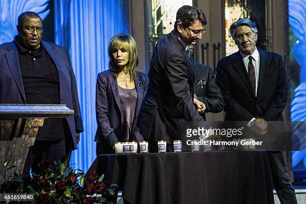 Reverend Ronald V. Meyers, Sr., Stephen Macht and Axel Cruau attend Shabbat Service Honoring Paris Terrorist Victims And The Legacy Of Dr. Martin...