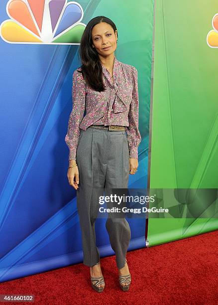 Actress Thandie Newton arrives at day 2 of the NBCUniversal 2015 Press Tour at The Langham Huntington Hotel and Spa on January 16, 2015 in Pasadena,...