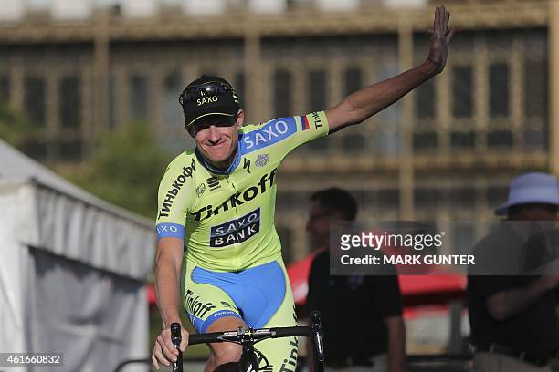 Michael Rogers of Australia waves during the teams presentation ahead of the 2015 Tour Down Under cycling competition in Adelaide on January 17,...