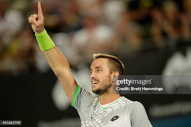 Viktor Troicki of Serbia celebrates victory in the Men's Singles Final match against Mikhail Kukushkin of Kazakhstan during day seven of the 2015...