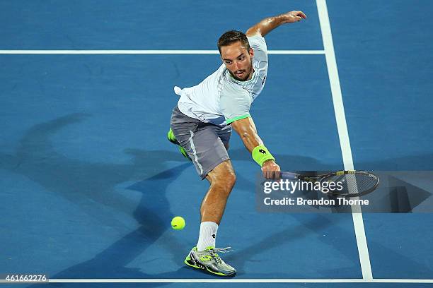 Viktor Troicki of Serbia plays a backhand in the Men's Singles Final match against Mikhail Kukushkin of Kazakhstan during day seven of the 2015...