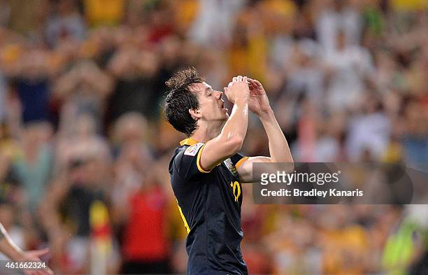 Robbie Kruse of Australia reacts after missing a shot at goal during the 2015 Asian Cup match between Australia and Korea Republic at Suncorp Stadium...
