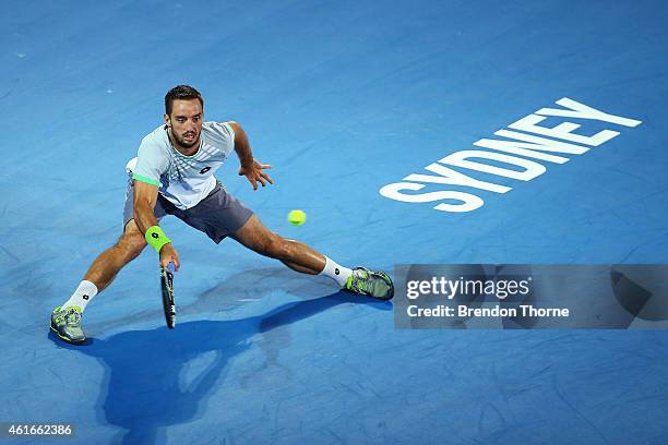 Viktor Troicki of Serbia plays a forehand in the Men's Singles Final match against Mikhail Kukushkin of Kazakhstan during day seven of the 2015...