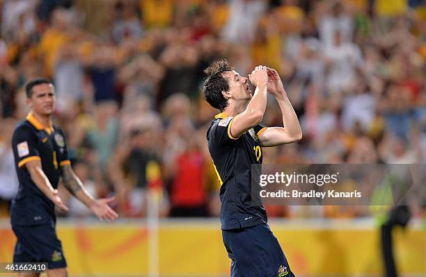 Robbie Kruse of Australia reacts after missing a shot at goal during the 2015 Asian Cup match between Australia and Korea Republic at Suncorp Stadium...