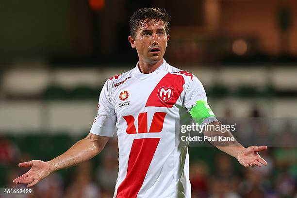 Harry Kewell of the Heart gestures to a ball boy during the round 14 A-League match between Perth Glory and the Melbourne Heart at nib Stadium on...