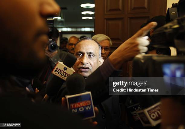 Uttam Khobragade, father of Indian diplomat Devyani Khobragade, addresses a press conference on January 10, 2014 in New Delhi, India. Devyani...