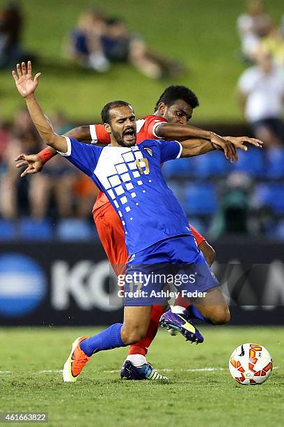 Bader Al Almotowaa of Kuwait controls the ball ahead of Oman defence during the 2015 Asian Cup match between Oman and Kuwait at Hunter Stadium on...