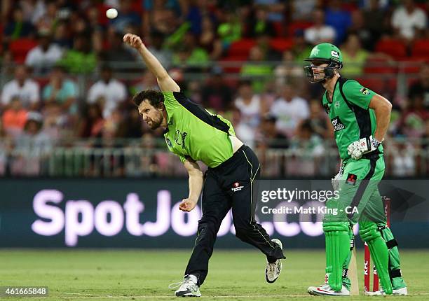 Dirk Nannes of the Thunder bowls during the Big Bash League match between the Sydney Thunder and the Melbourne Stars at Spotless Stadium on January...