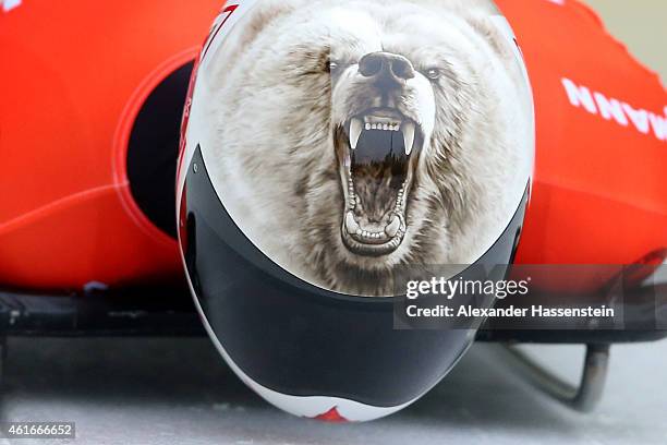 Barrett Martineau of Canada competes during the Viessmann FIBT Skeleton World Cup at Deutche Post Eisarena on January 17, 2015 in Koenigssee, Germany.