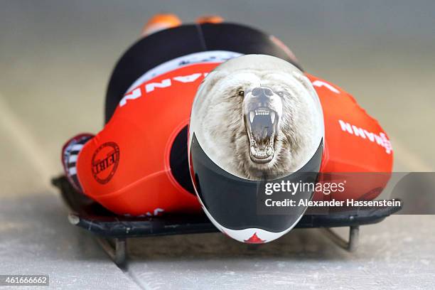 Barrett Martineau of Canada competes during the Viessmann FIBT Skeleton World Cup at Deutche Post Eisarena on January 17, 2015 in Koenigssee, Germany.