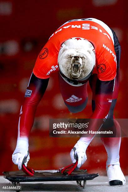 Barrett Martineau of Canada competes during the Viessmann FIBT Skeleton World Cup at Deutche Post Eisarena on January 17, 2015 in Koenigssee, Germany.