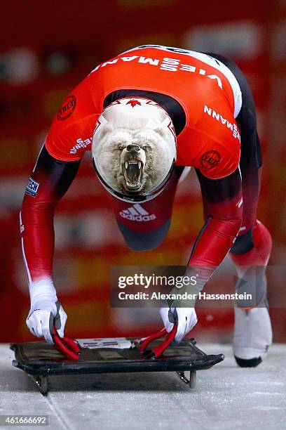 Barrett Martineau of Canada competes during the Viessmann FIBT Skeleton World Cup at Deutche Post Eisarena on January 17, 2015 in Koenigssee, Germany.