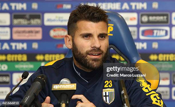 New signing for Parma FC Antonio Nocerino speaks to the media during press conference at the club's training ground on January 17, 2015 in...