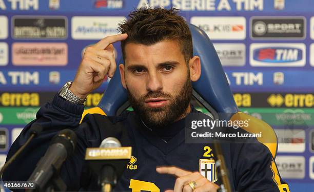 New signing for Parma FC Antonio Nocerino speaks to the media during a press conference at the club's training ground on January 17, 2015 in...