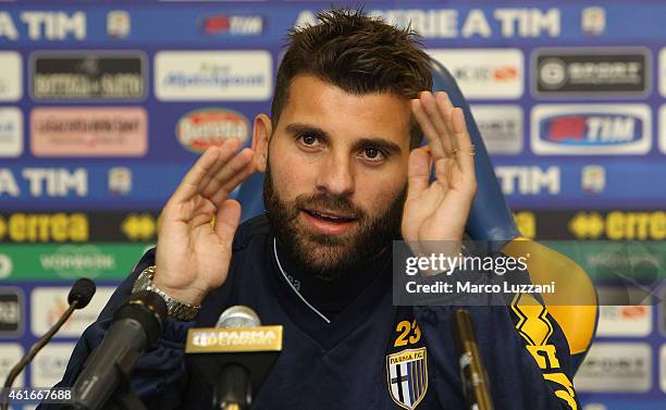 New signing for Parma FC Antonio Nocerino speaks to the media during a press conference at the club's training ground on January 17, 2015 in...