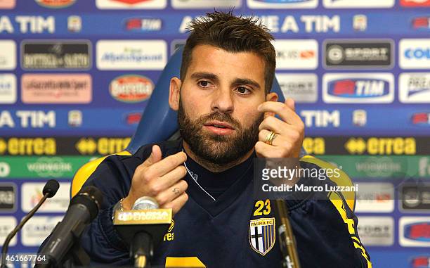 New signing for Parma FC Antonio Nocerino speaks to the media during a press conference at the club's training ground on January 17, 2015 in...