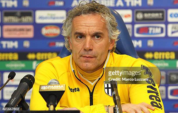 Parma FC coach Roberto Donadoni speaks to the media during a press conference at the club's training ground on January 17, 2015 in Collecchio, Italy.