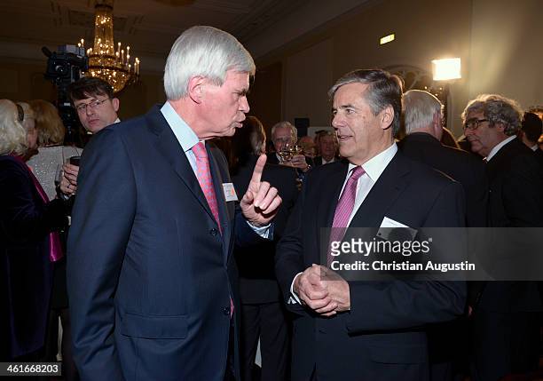 Michael Otto and Josef Ackermann attend New Year Reception of publisher Klaus Schuemann at Hotel Louis C. Jacob on January 9, 2014 in Hamburg,...
