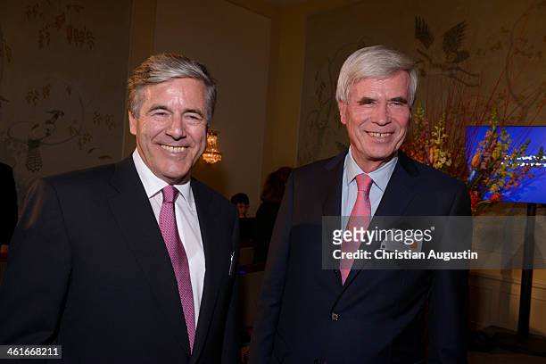 Josef Ackermann and Michael Otto attend New Year Reception of publisher Klaus Schuemann at Hotel Louis C. Jacob on January 9, 2014 in Hamburg,...