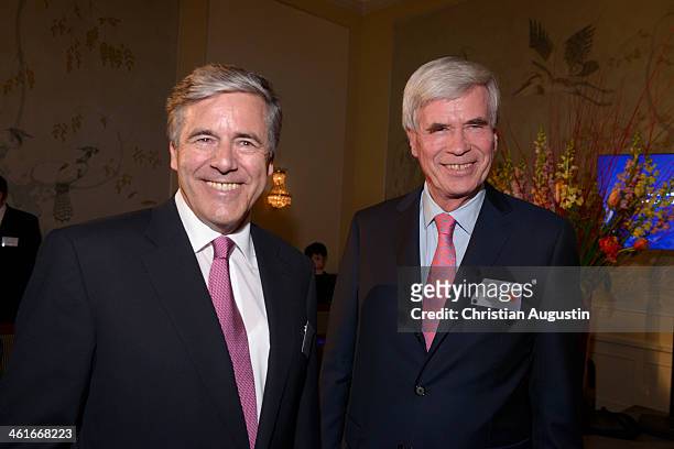 Josef Ackermann and Michael Otto attend New Year Reception of publisher Klaus Schuemann at Hotel Louis C. Jacob on January 9, 2014 in Hamburg,...