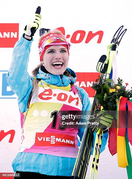 Gabriela Soukalova of the Czech Republic celebrates after victory during the womens individual 15km on day three of the E.On IBU World Cup Biathlon...