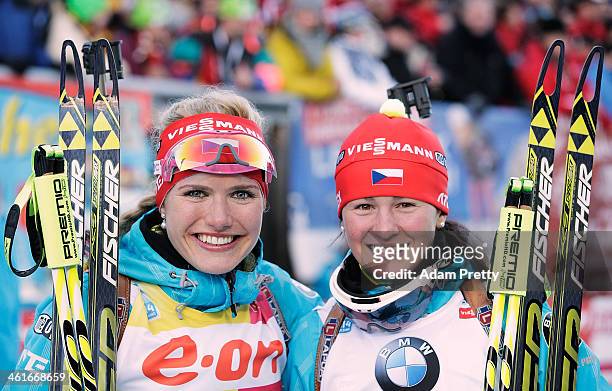 Gabriela Soukalova and Veronika Vitkova of the Czech Republic celebrate after winning forst and third place in the womens individual 15km on day...
