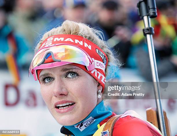 Gabriela Soukalova of the Czech Republic after victory during the womens individual 15km on day three of the E.On IBU World Cup Biathlon on January...