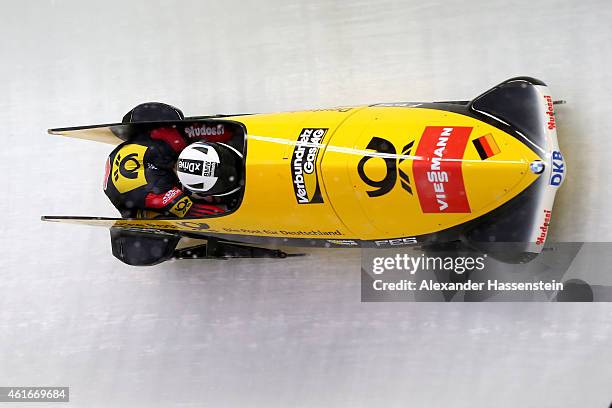 Pilot Albrecht Klammer and Eric Franke of Germany compete during the Viessmann FIBT Bob World Cup at Deutche Post Eisarena on January 17, 2015 in...