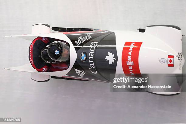 Pilot Chris Spring and Alexander Kopacz of Canada compete during the Viessmann FIBT Bob World Cup at Deutche Post Eisarena on January 17, 2015 in...