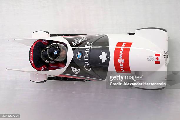 Pilot Chris Spring and Alexander Kopacz of Canada compete during the Viessmann FIBT Bob World Cup at Deutche Post Eisarena on January 17, 2015 in...